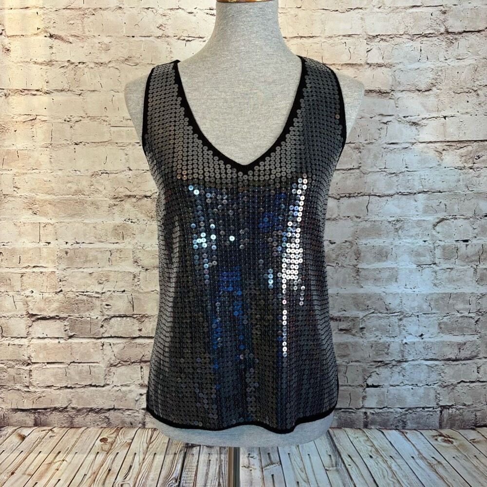 Sioni Black Sequin Sleeveless Tank Top Blouse V-Neck Sweater Knit Small NWT